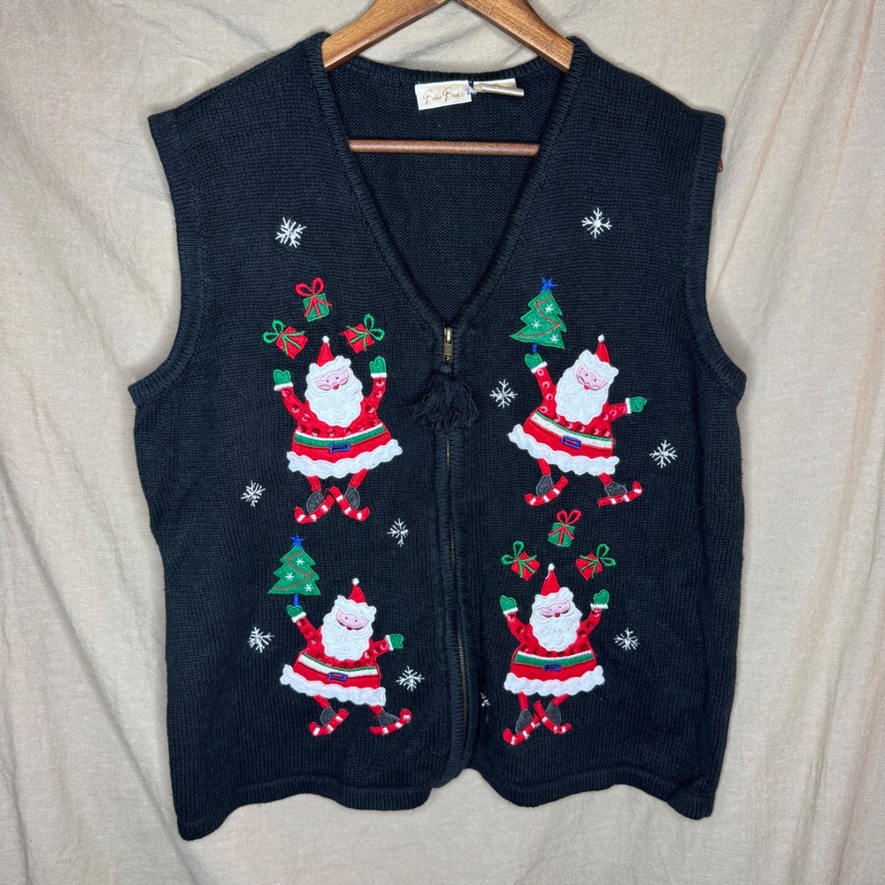Bobbie Brooks Vintage Christmas Sweater Vest Black Santa Claus Zip Up XL 16/18